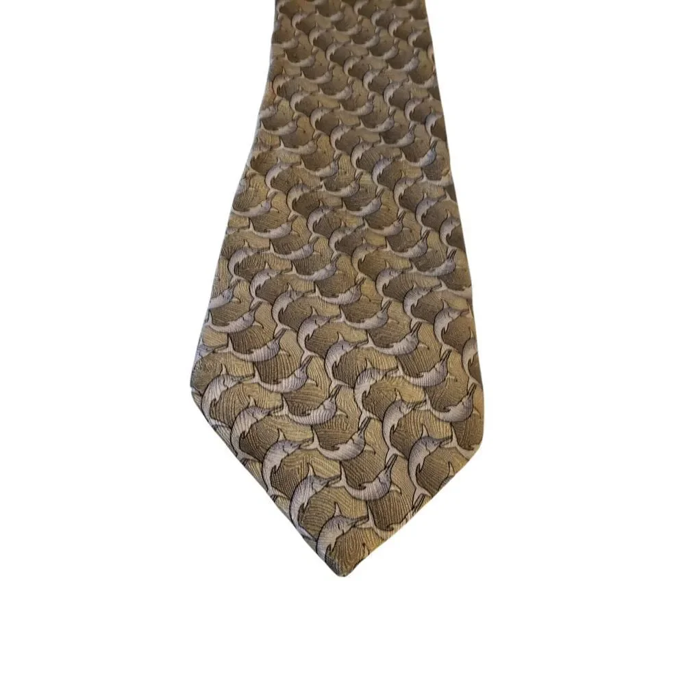 The Nature Conservancy 'Marlin'‎ Neck Tie Mens Tan Blue Dolphins 100% Silk Work